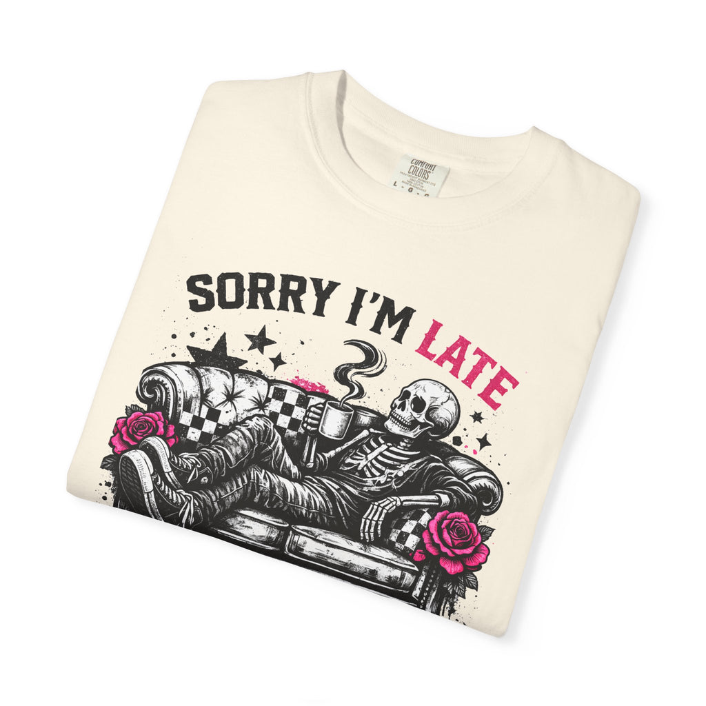 Skeleton "Sorry I’m Late" T-Shirt — Relaxed Skull Graphic Tee
