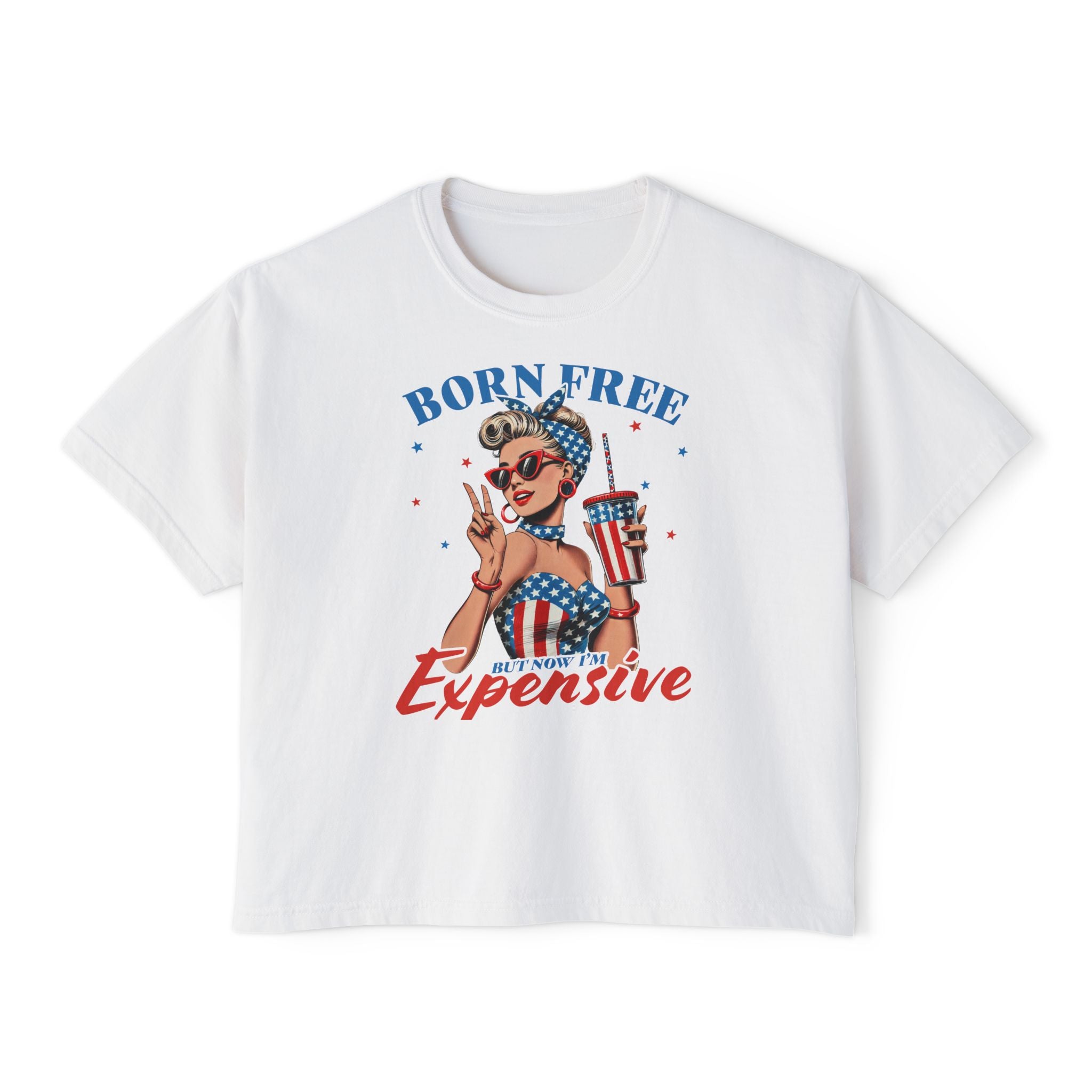 Born Free But Not Cheap Graphic Tee — Women's Patriotic 4th of July Boxy Shirt
