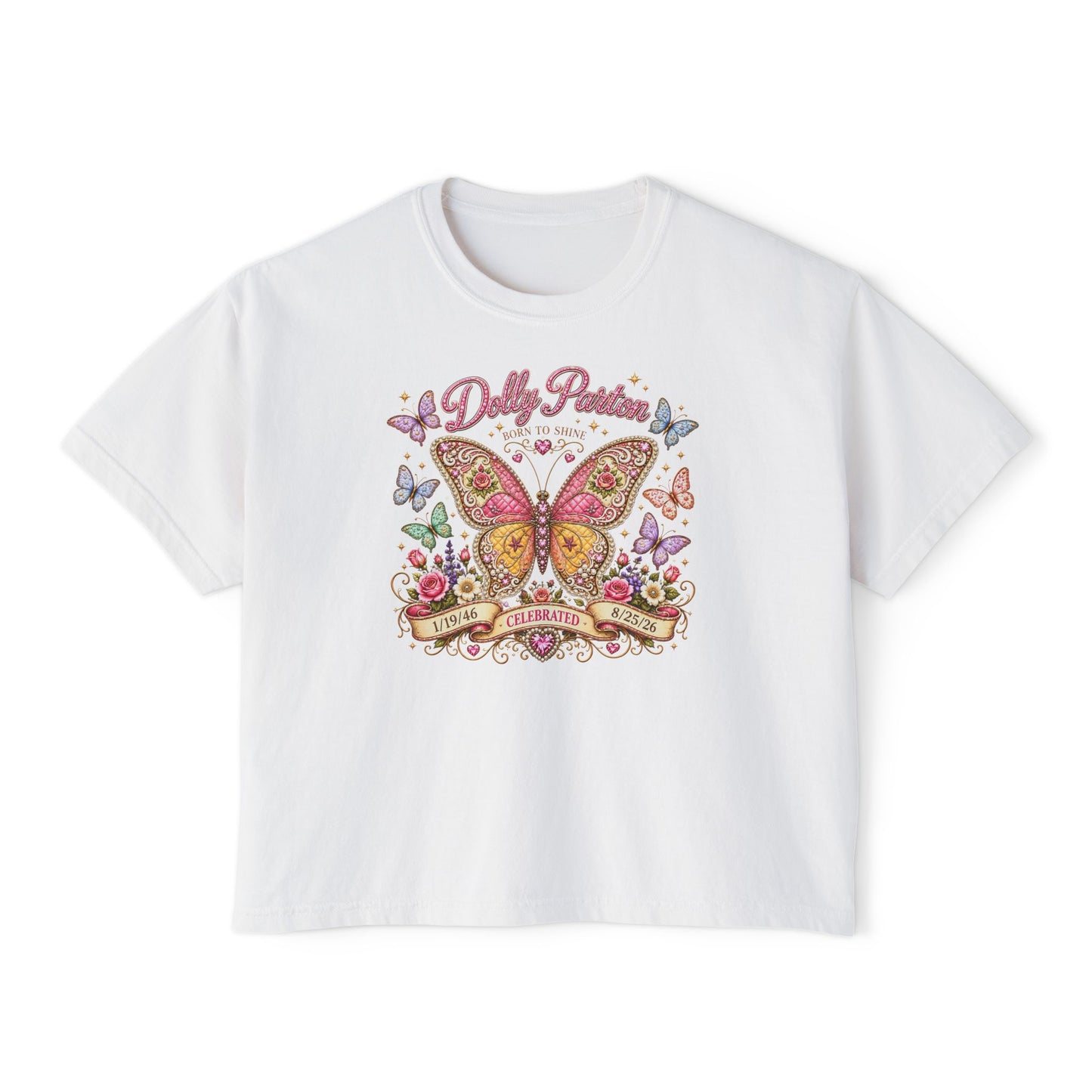 Butterfly Garden Women's Boxy Tee — 'Dolly Parton' Floral Tribute Shirt