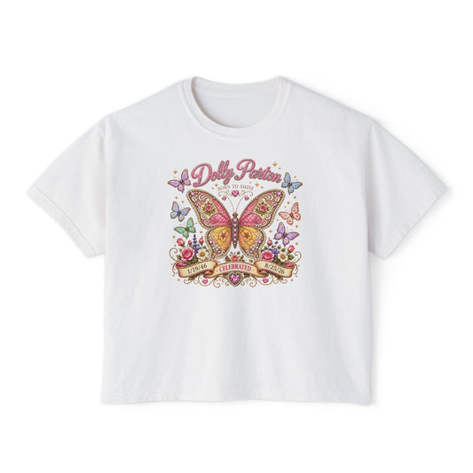 Butterfly Garden Women's Boxy Tee — 'Dolly Parton' Floral Tribute Shirt