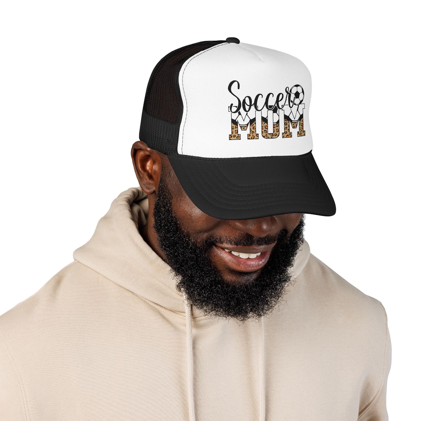 Soccer Mom Trucker Hat — Leopard Print Soccer Ball Foam Cap