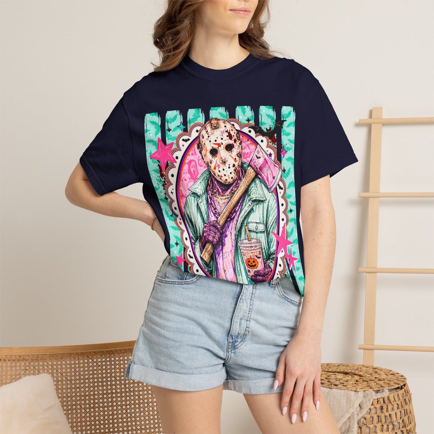 Hockey Mask Horror Graphic T-Shirt — Retro Pastel Jason Design