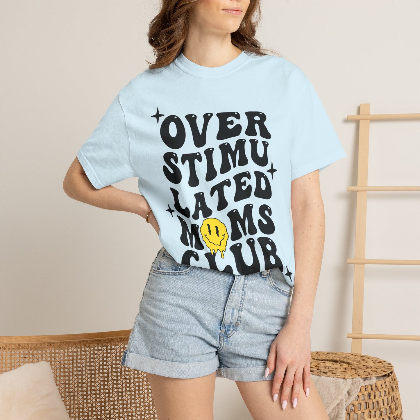 Overstimulated Moms Club T-Shirt — Retro Smile Graphic Tee for Busy Moms