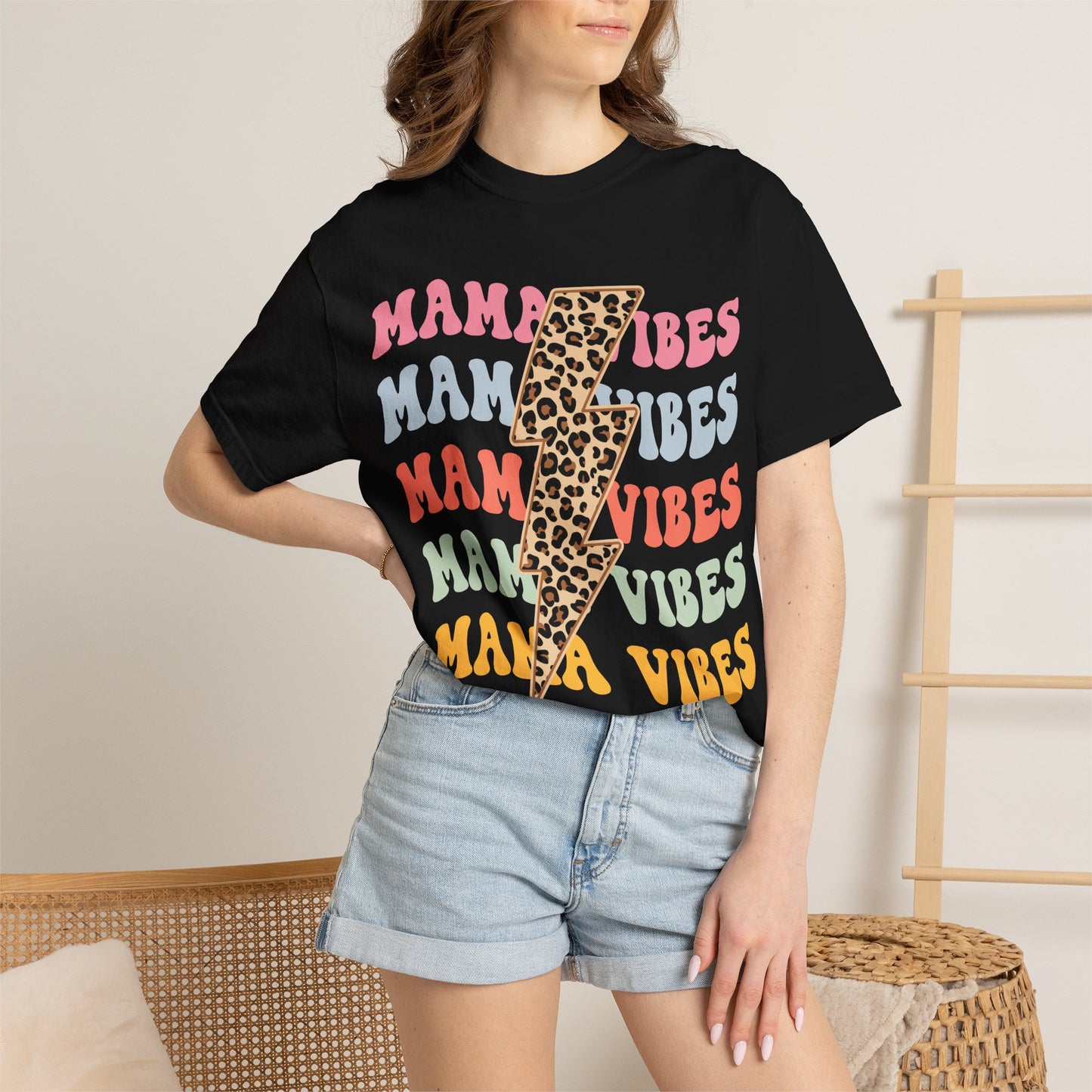 Mama Vibes Lightning Bolt T-Shirt — Leopard Print Retro Mom Tee