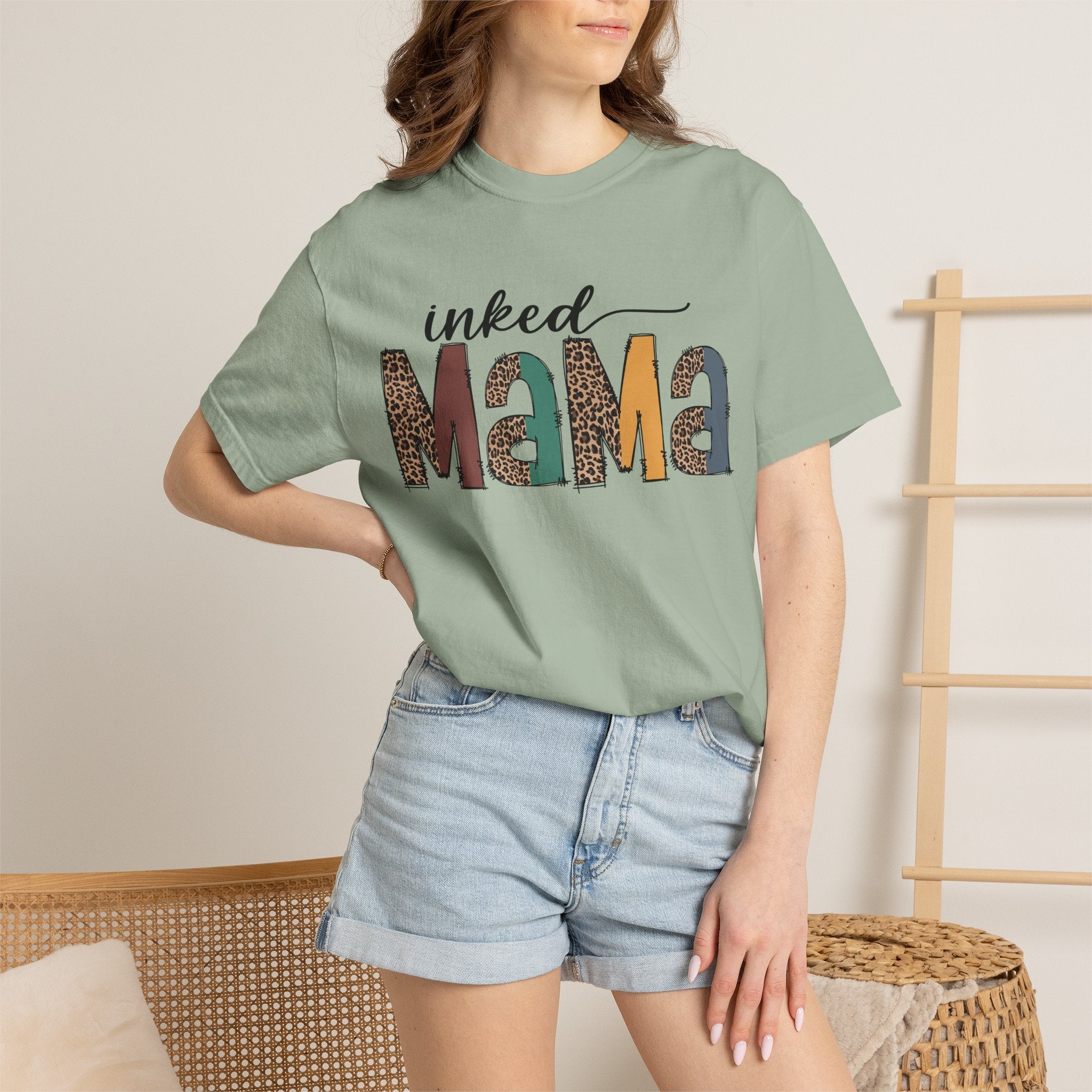 Inked Mama Graphic T-Shirt — Leopard & Patchwork Letters, Tattoo Mom Gift