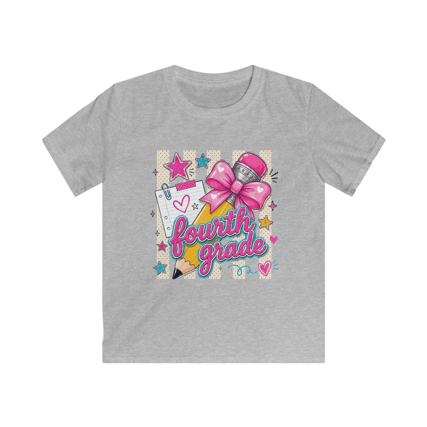 Fourth Grade Kids Tee — Cute Pink Bow & Pencil Back-to-School Shirt
