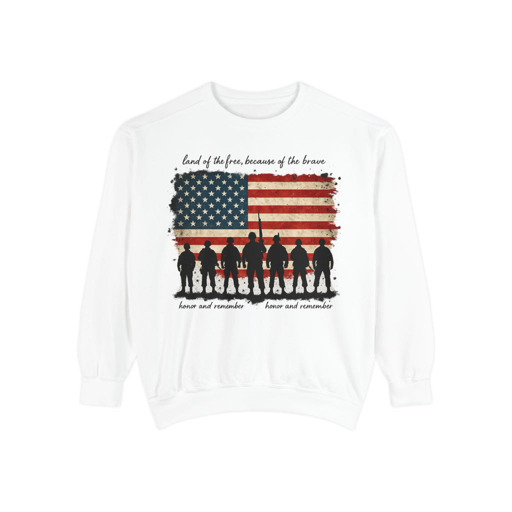 Veterans Tribute Sweatshirt — "Land of the Free, Because of the Brave" American Flag Memorial
