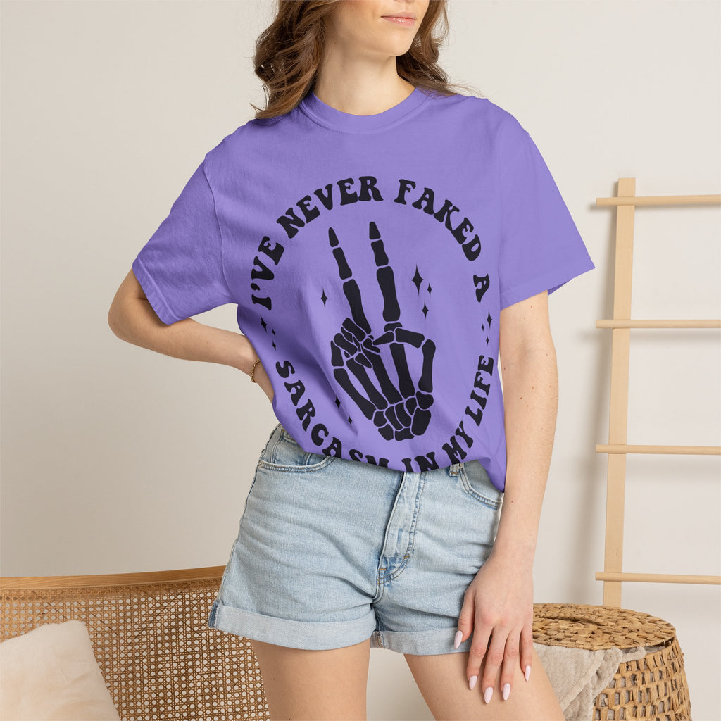 Sarcastic Skeleton Peace Sign T-Shirt — "I've Never Faked A Sarcasm In My Life" Graphic Tee