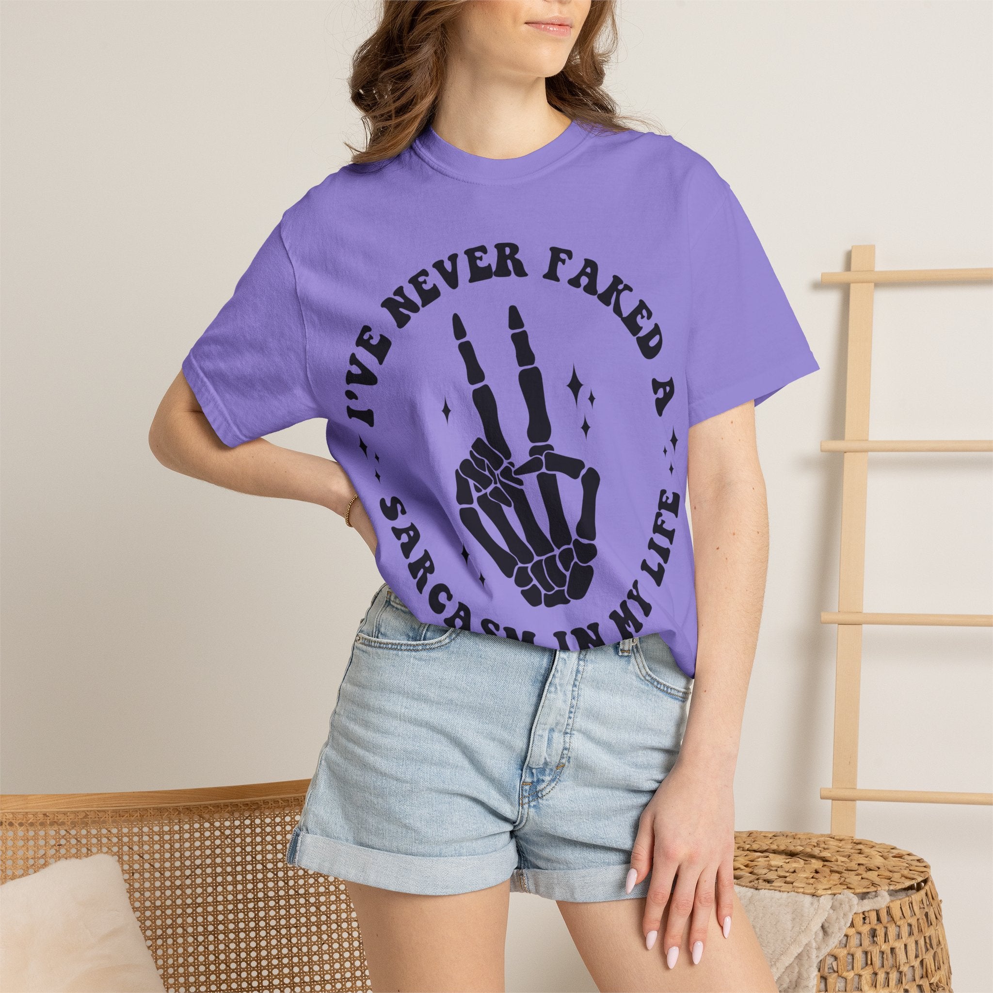 Sarcastic Skeleton Peace Sign T-Shirt — "I've Never Faked A Sarcasm In My Life" Graphic Tee