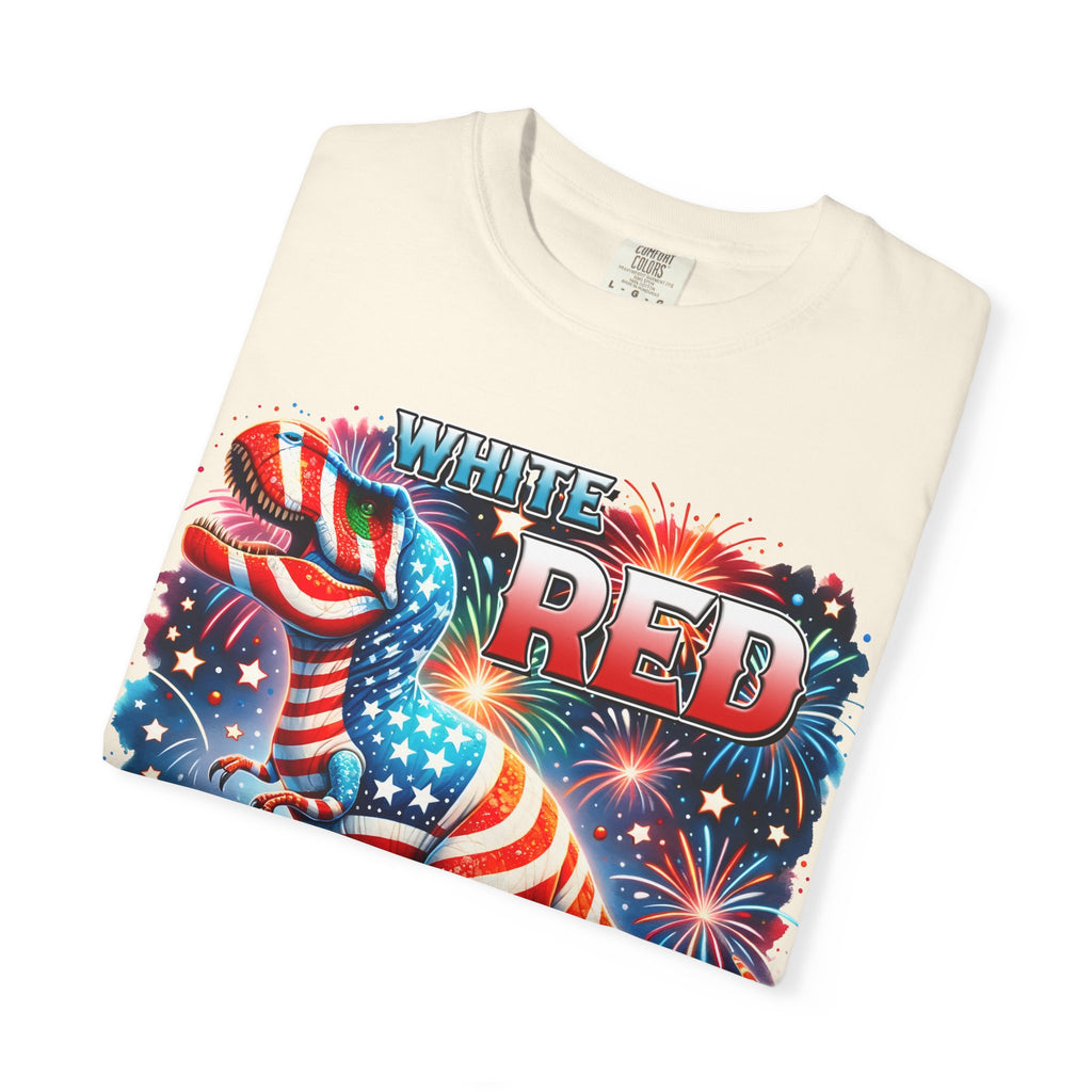 T-Shirt — "White, Red & Raws" Patriotic USA Dinosaur Fireworks Tee