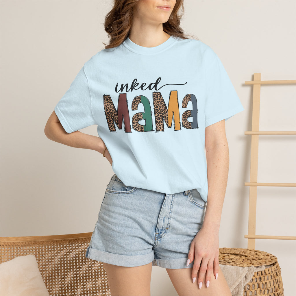 Inked Mama Graphic T-Shirt — Leopard & Patchwork Letters, Tattoo Mom Gift