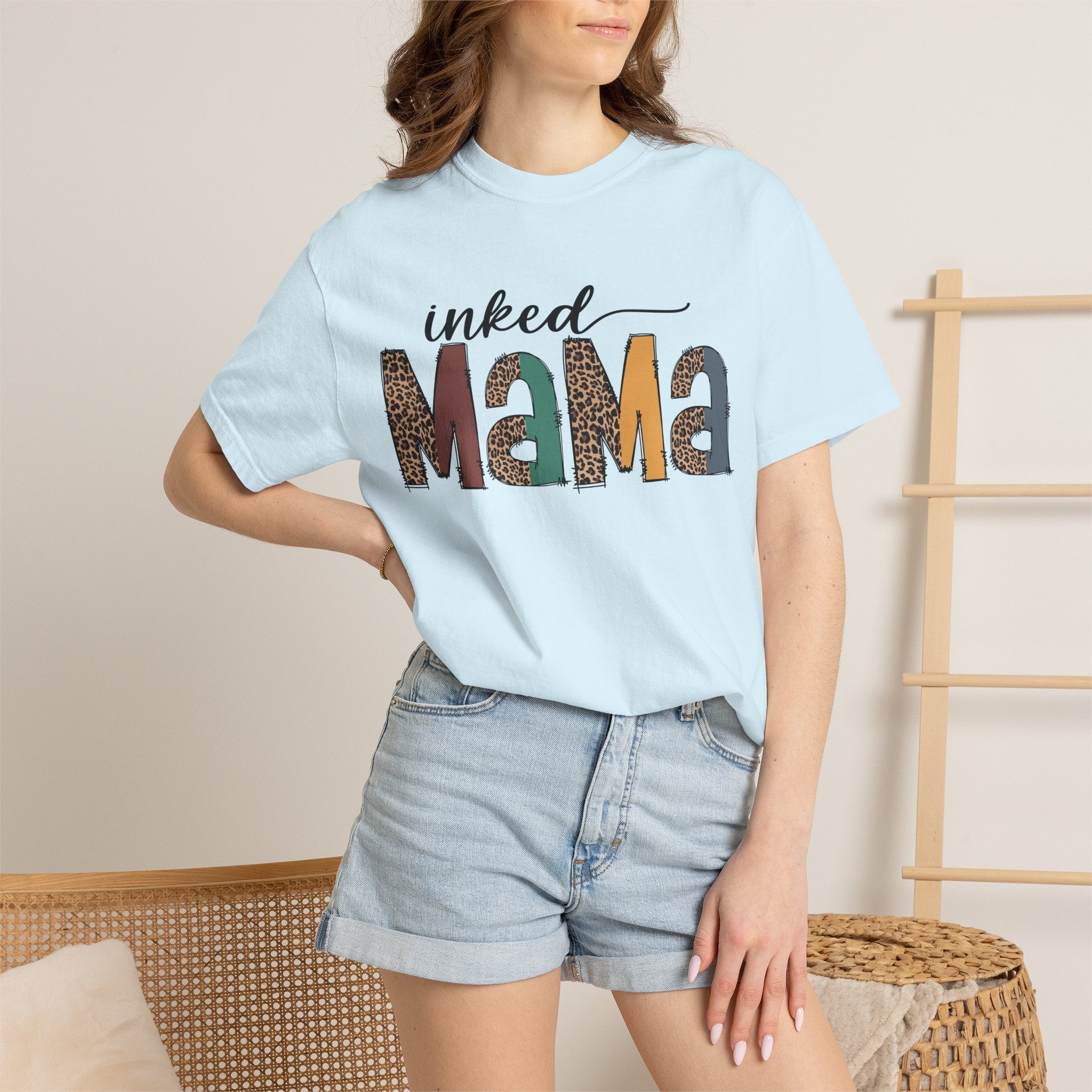 Inked Mama Graphic T-Shirt — Leopard & Patchwork Letters, Tattoo Mom Gift