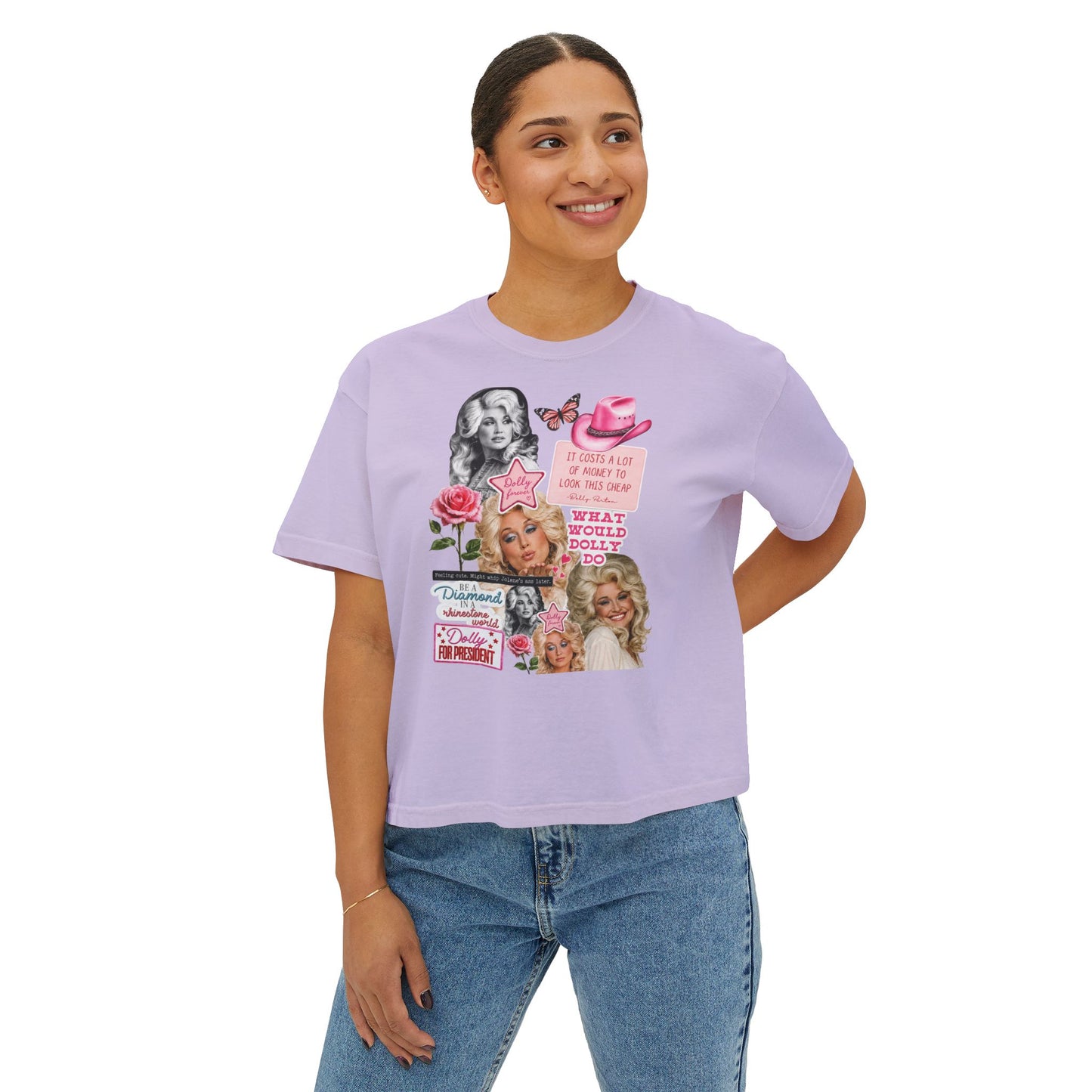 Dolly Collage Boxy Tee — Retro Cowgirl Pop Art Women’s T-Shirt