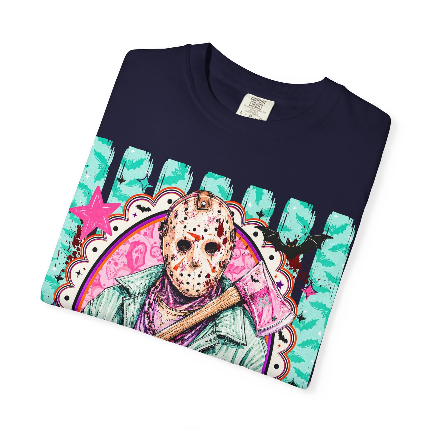 Hockey Mask Horror Graphic T-Shirt — Retro Pastel Jason Design