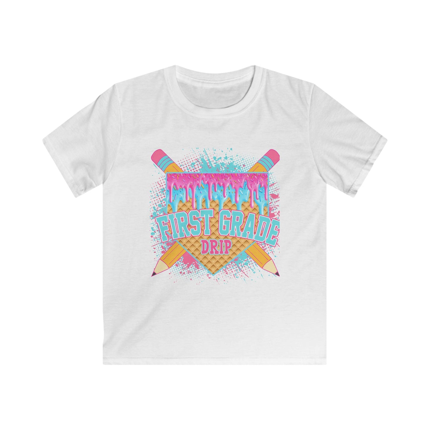 First Grade Drip Kids T-Shirt – Colorful Back-to-School Pencil Design
