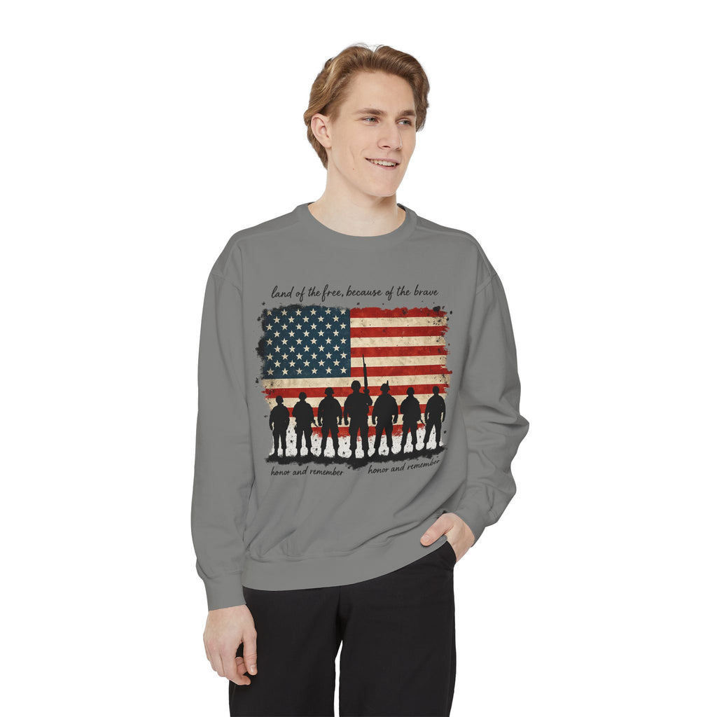 Veterans Tribute Sweatshirt — "Land of the Free, Because of the Brave" American Flag Memorial