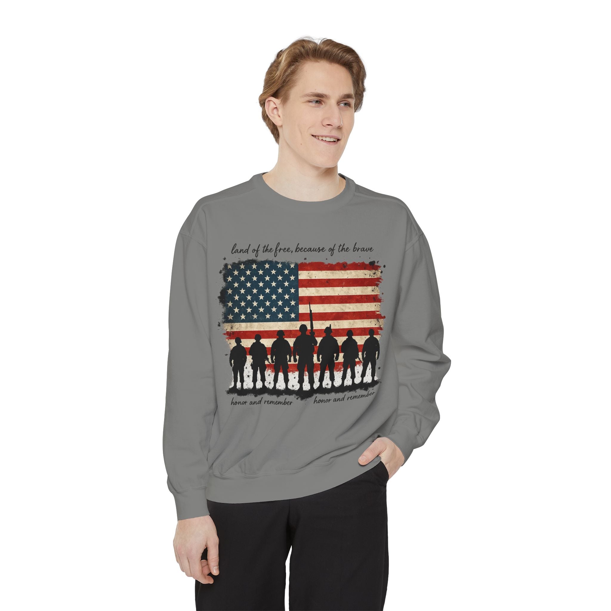 Veterans Tribute Sweatshirt — "Land of the Free, Because of the Brave" American Flag Memorial