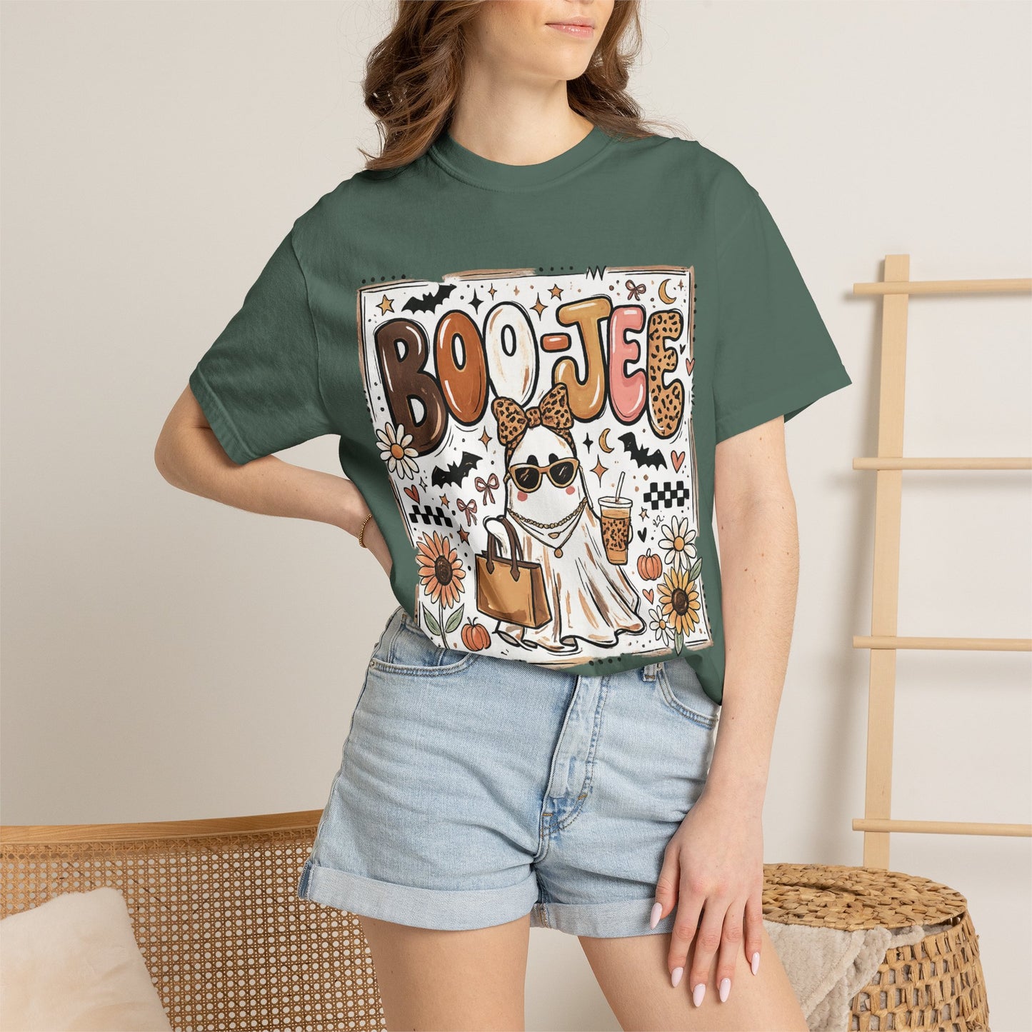 Halloween Boo-je T-Shirt — Cute Ghost with Pumpkin, Sunflower & Candy Trick-or-Treat Tee