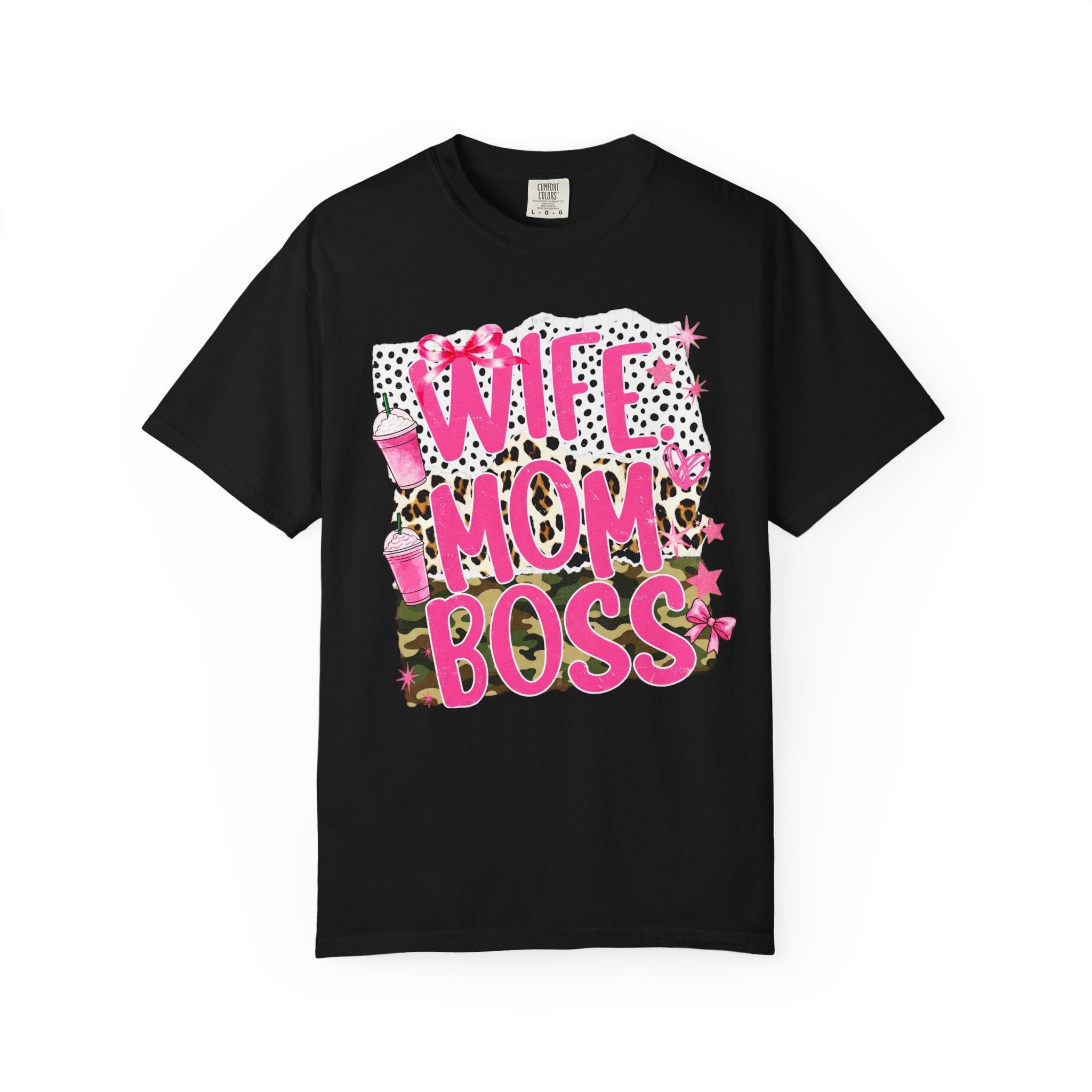 Wife Mom Boss Graphic T‑Shirt — Pink Leopard Stars Design
