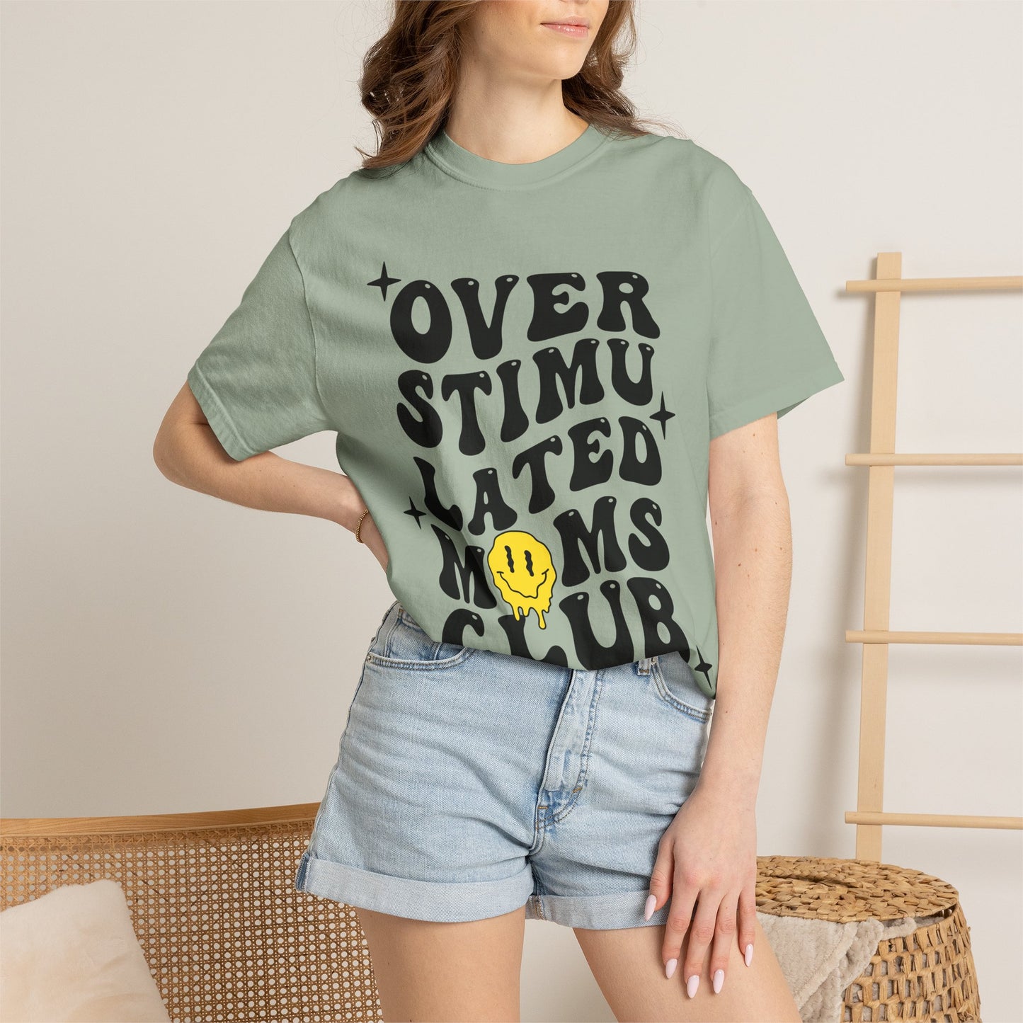 Overstimulated Moms Club T-Shirt — Retro Smile Graphic Tee for Busy Moms