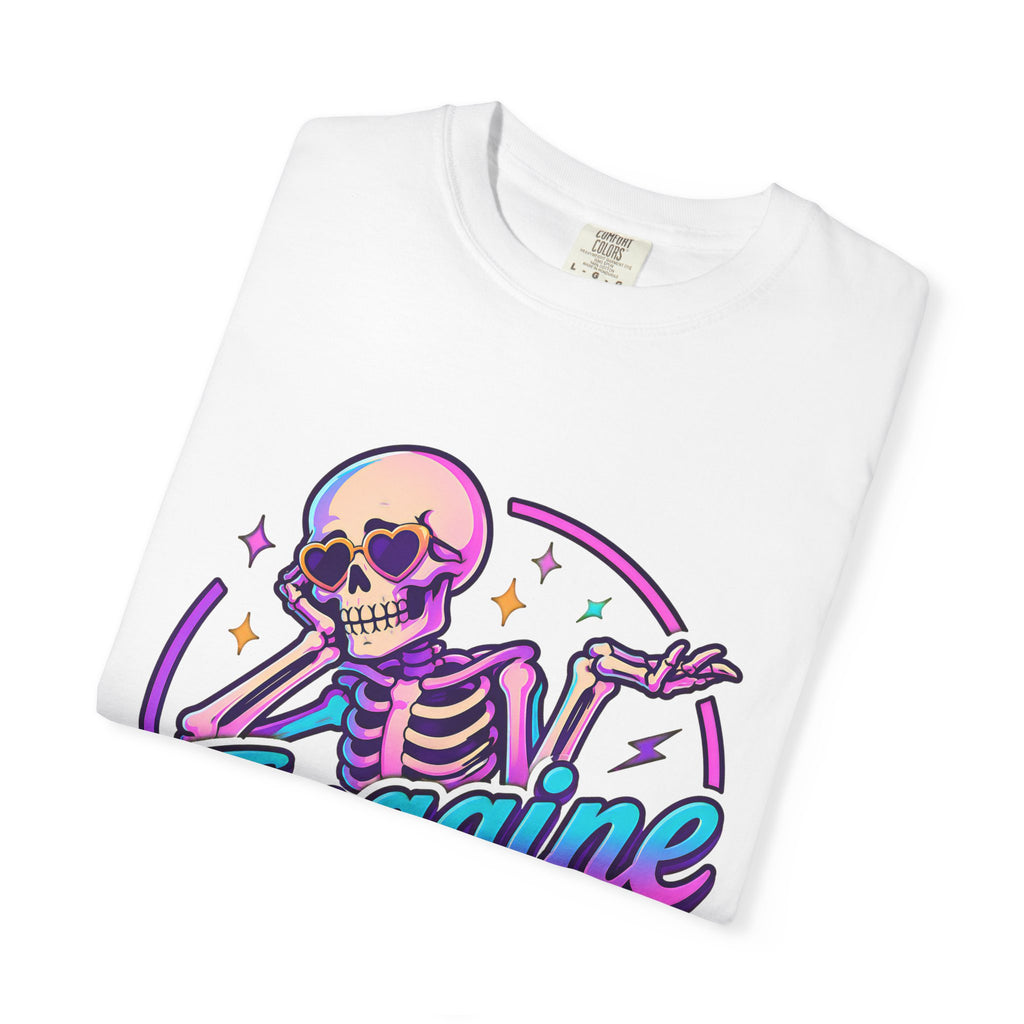 Imagine Caring More T-Shirt — Retro Neon Skeleton Graphic Tee