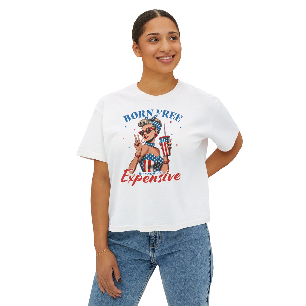 Born Free but Expensive Boxy Tee — Patriotic Vintage Pinup Women's T‑Shirt