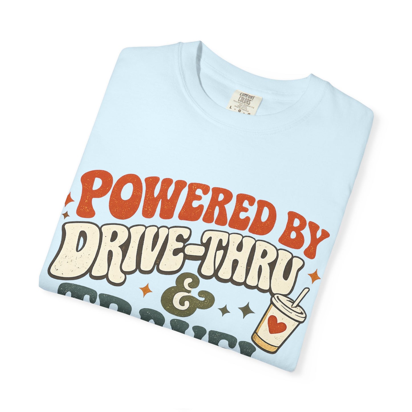 Travel & Snack Lover T‑Shirt — "Powered by Drive‑Thru & Travel Ball" Retro Tee