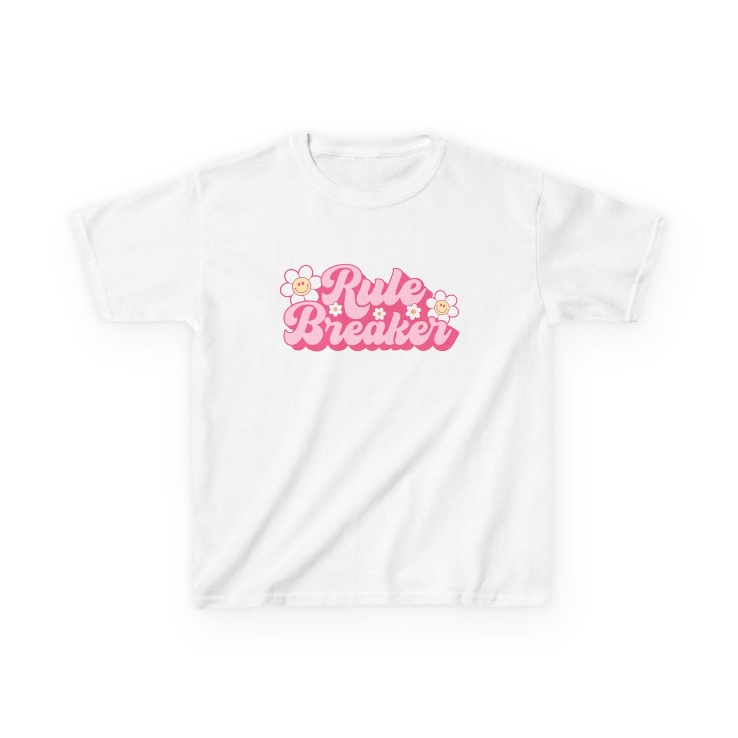 Kids Tee — "Rule Breaker" Pink Retro Flower Graphic