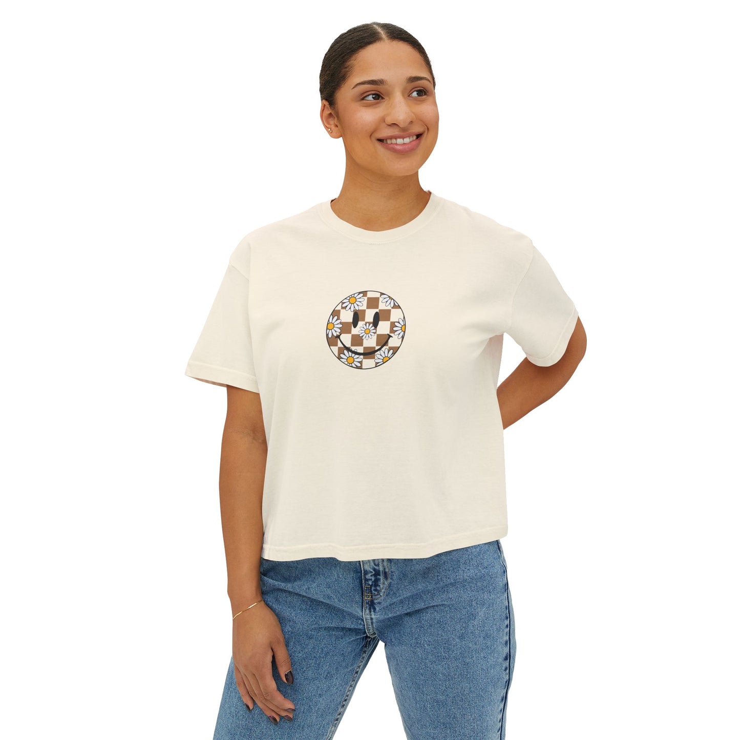 Floral Checkerboard Crop Tee — Women's Boxy Graphic Shirt