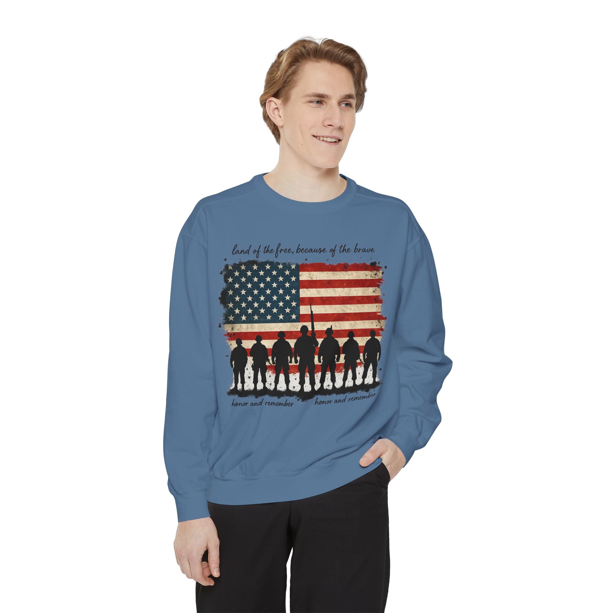 Veterans Tribute Sweatshirt — "Land of the Free, Because of the Brave" American Flag Memorial