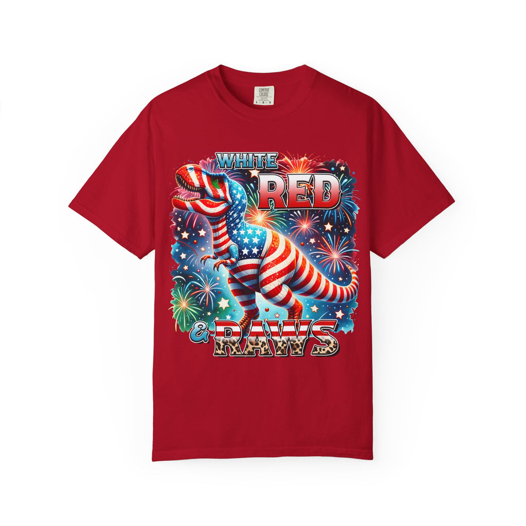 T-Shirt — "White, Red & Raws" Patriotic USA Dinosaur Fireworks Tee