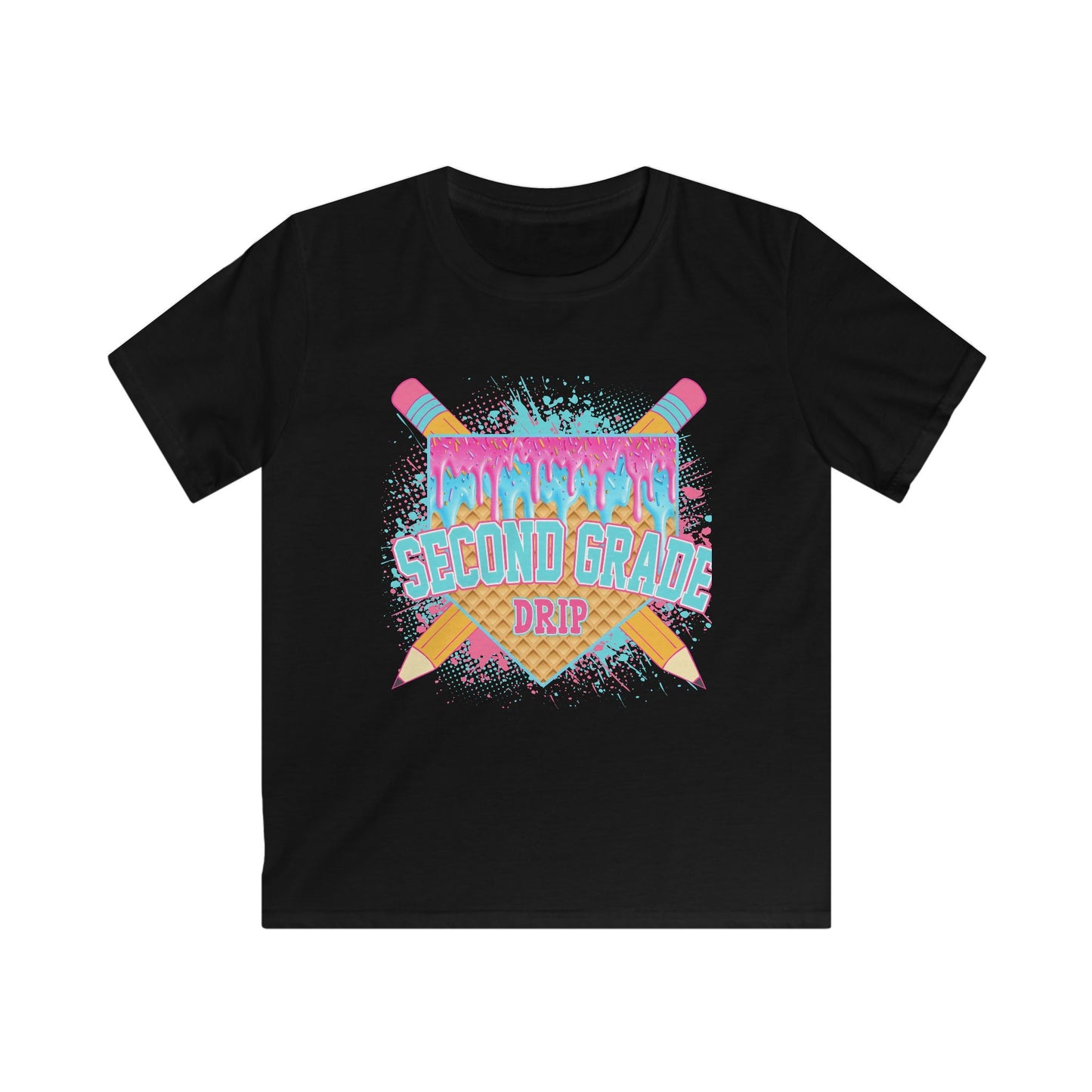 Second Grade Drip Kids T‑Shirt — Colorful Pencil Back‑to‑School Tee