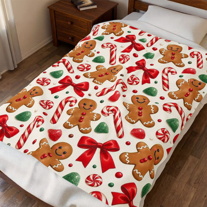 Christmas Gingerbread Candy Cane Velveteen Plush Blanket