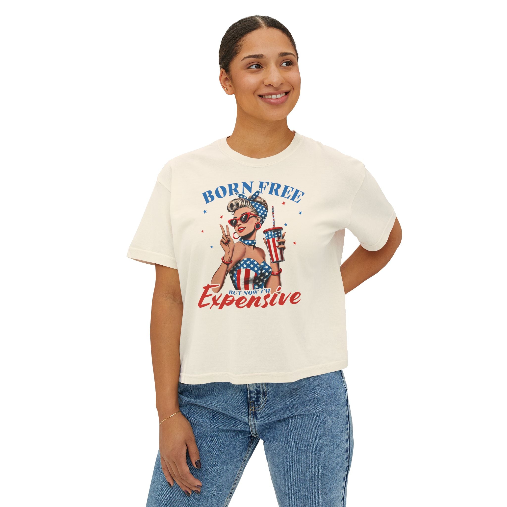 Born Free But Not Cheap Graphic Tee — Women's Patriotic 4th of July Boxy Shirt