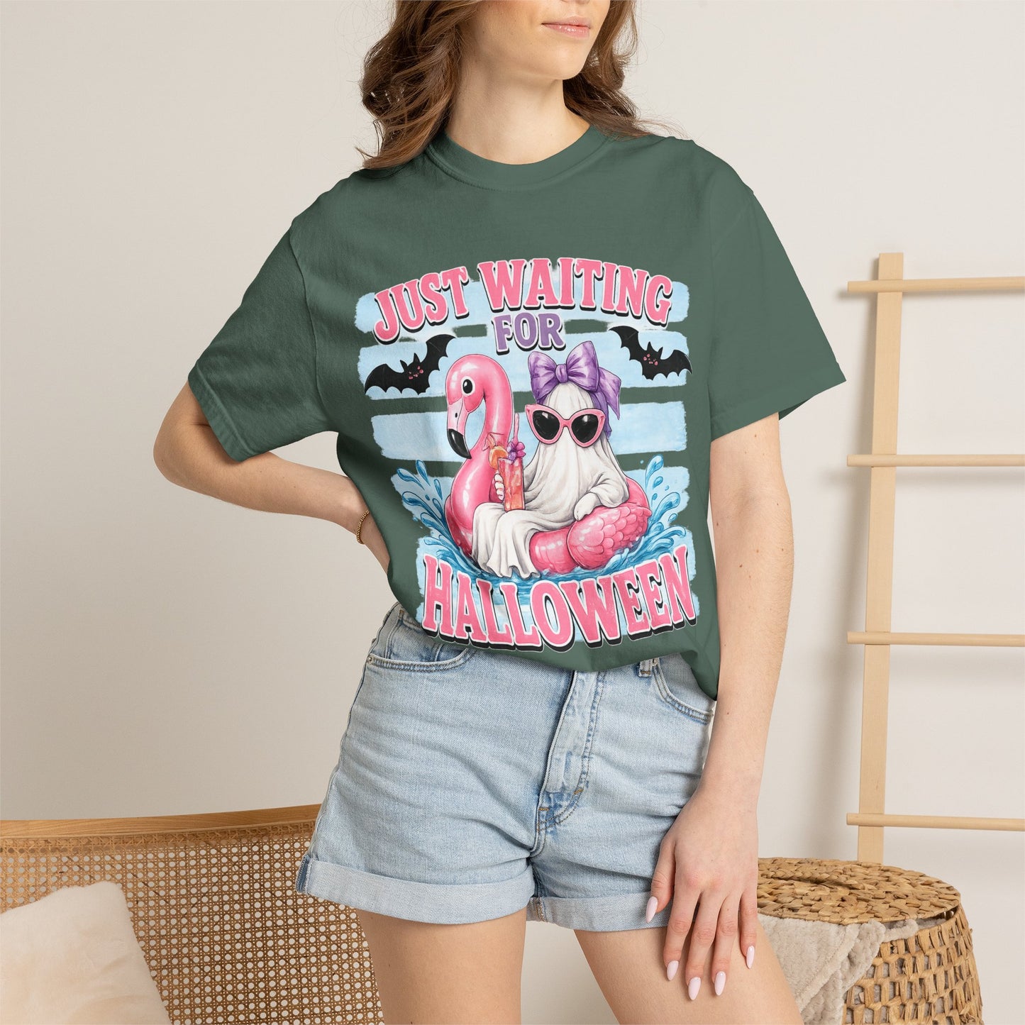Halloween Flamingo T-Shirt — "Just Waiting for Halloween" Cute Spooky Summer Vibe