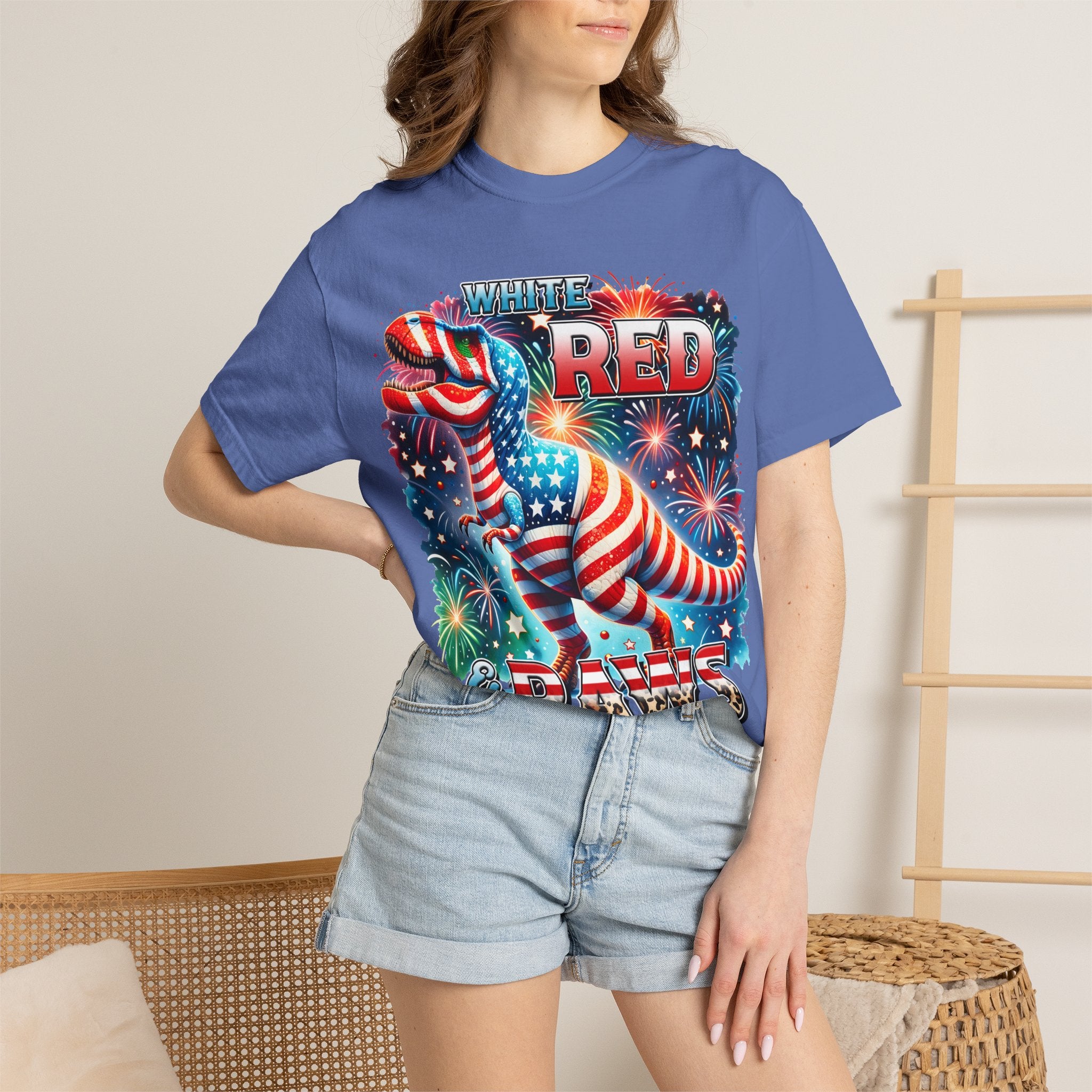 T-Shirt — "White, Red & Raws" Patriotic USA Dinosaur Fireworks Tee