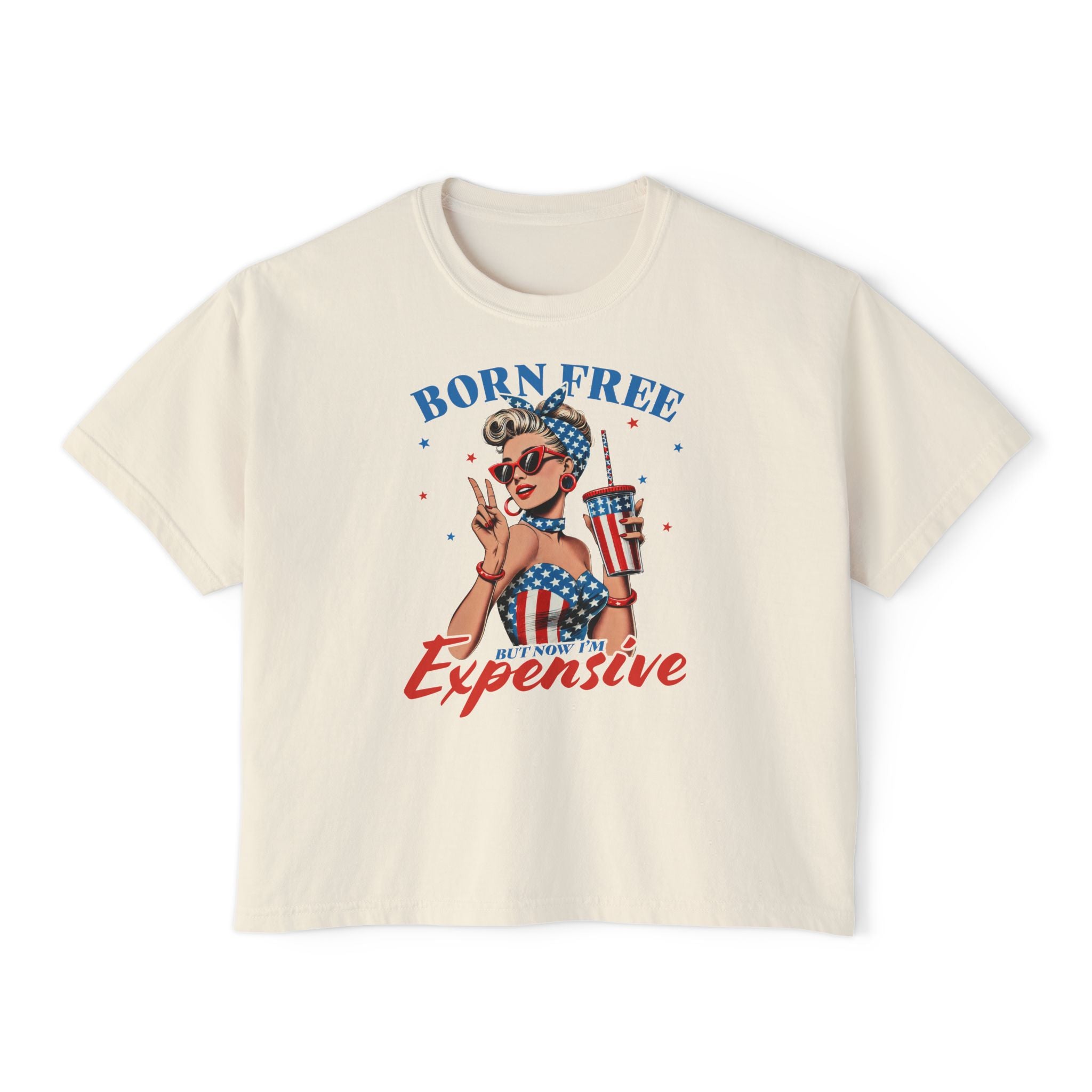 Born Free but Expensive Boxy Tee — Patriotic Vintage Pinup Women's T‑Shirt
