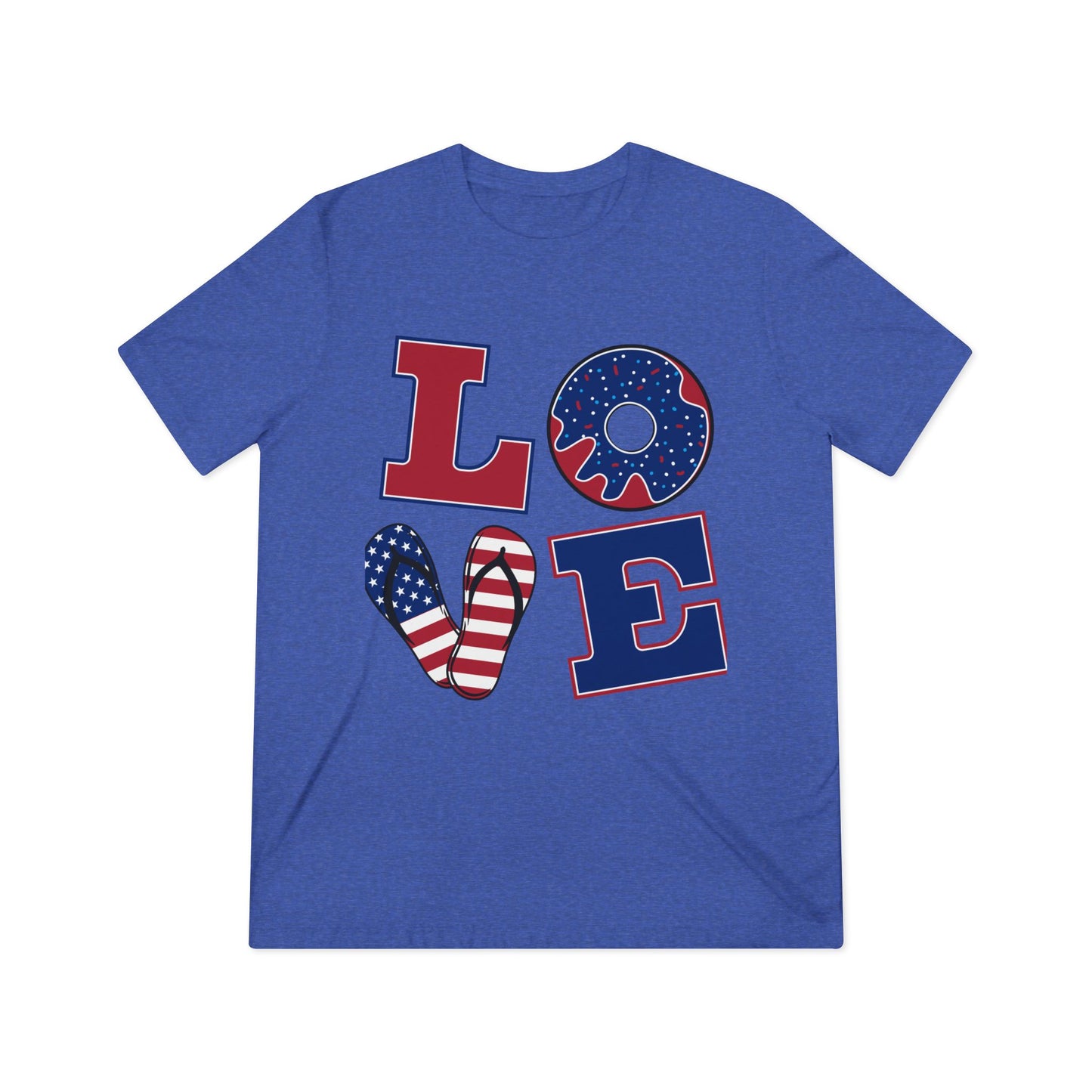 Patriotic LOVE Tee — American Flag Donut & Flip-Flop Design