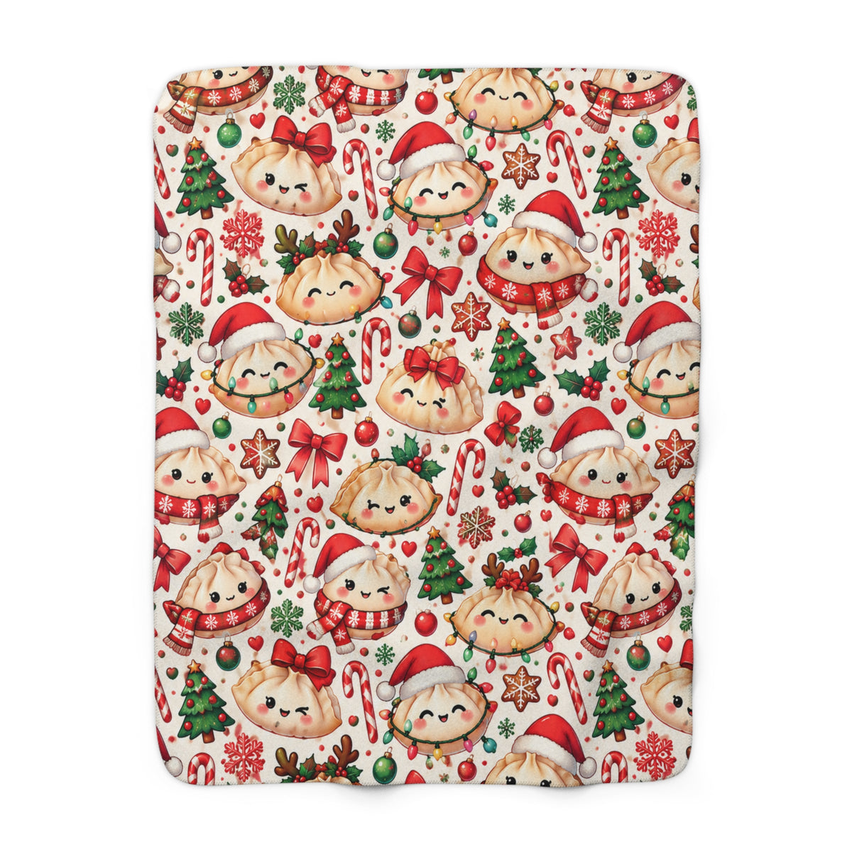Cute Christmas Dumpling Sherpa Fleece Blanket — Holiday Dim Sum Pattern