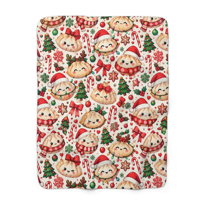 Cute Christmas Dumpling Sherpa Fleece Blanket — Holiday Dim Sum Pattern
