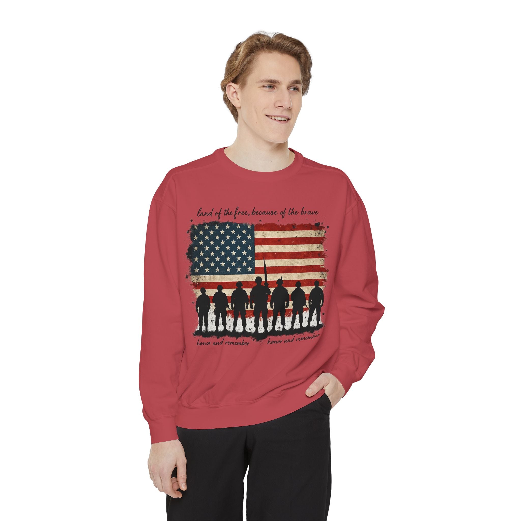 Veterans Tribute Sweatshirt — "Land of the Free, Because of the Brave" American Flag Memorial