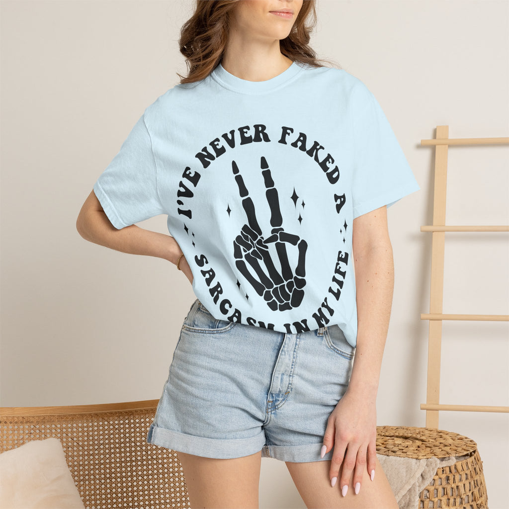 Sarcastic Skeleton Peace Sign T-Shirt — "I've Never Faked A Sarcasm In My Life" Graphic Tee