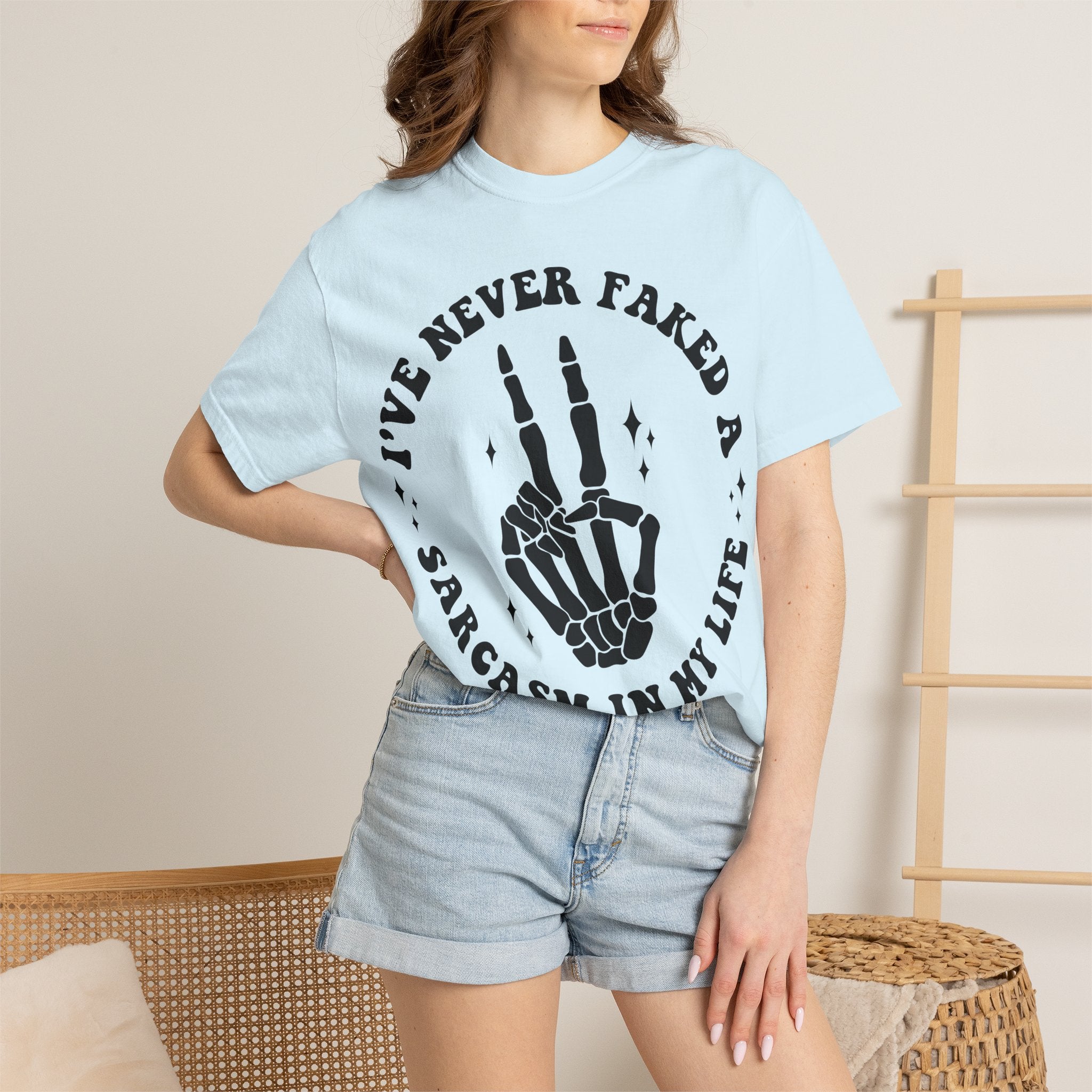 Sarcastic Skeleton Peace Sign T-Shirt — "I've Never Faked A Sarcasm In My Life" Graphic Tee
