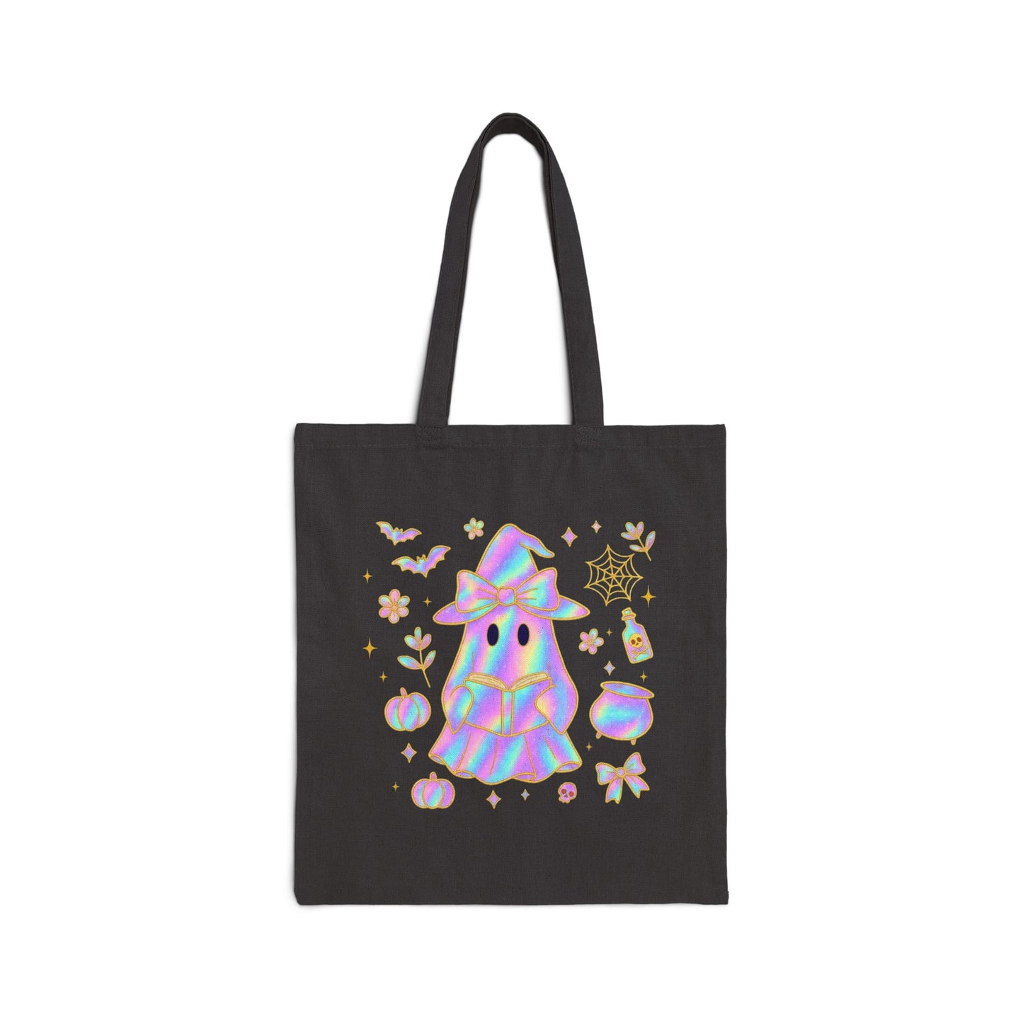 Holographic Cute Ghost Tote — Halloween Cotton Canvas Bag