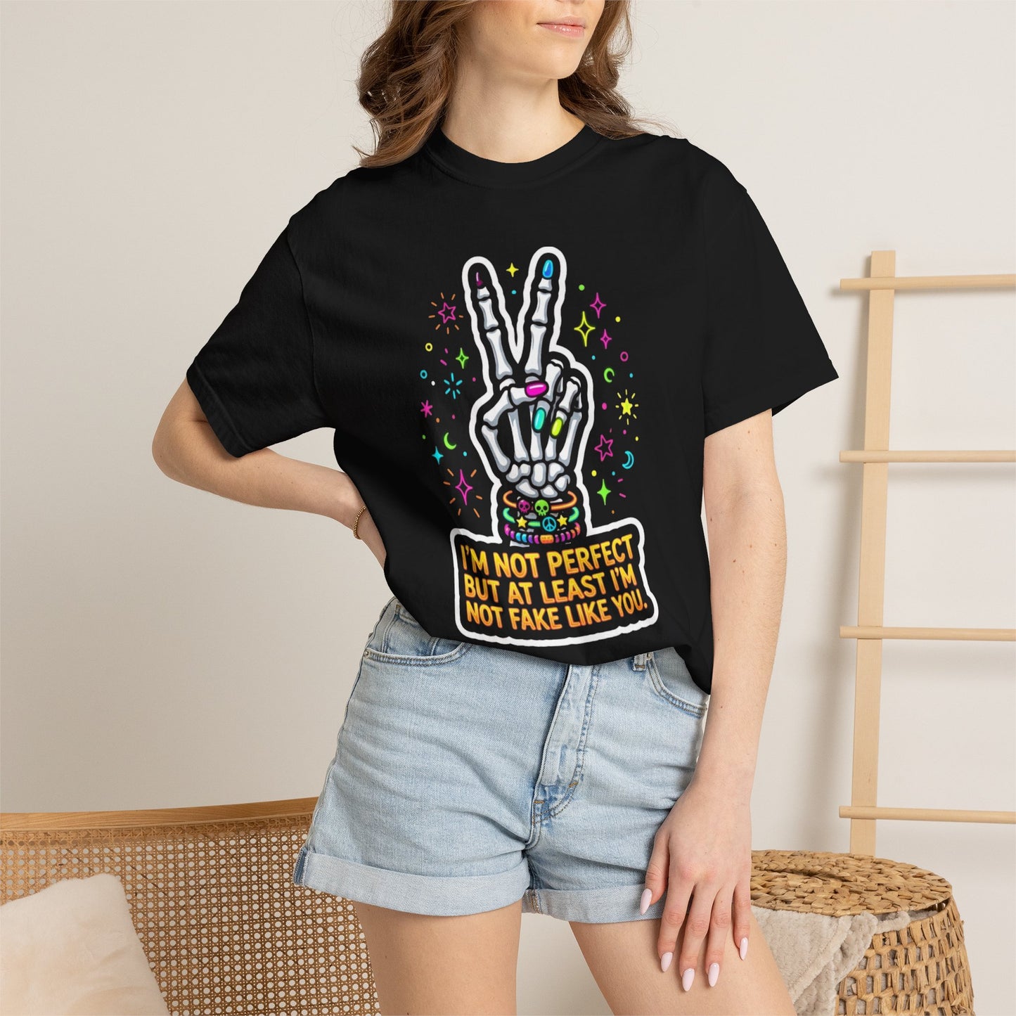 Skeleton Peace Sign T-Shirt — "I’m Not Perfect But At Least I’m Not Fake Like You" Graphic Tee