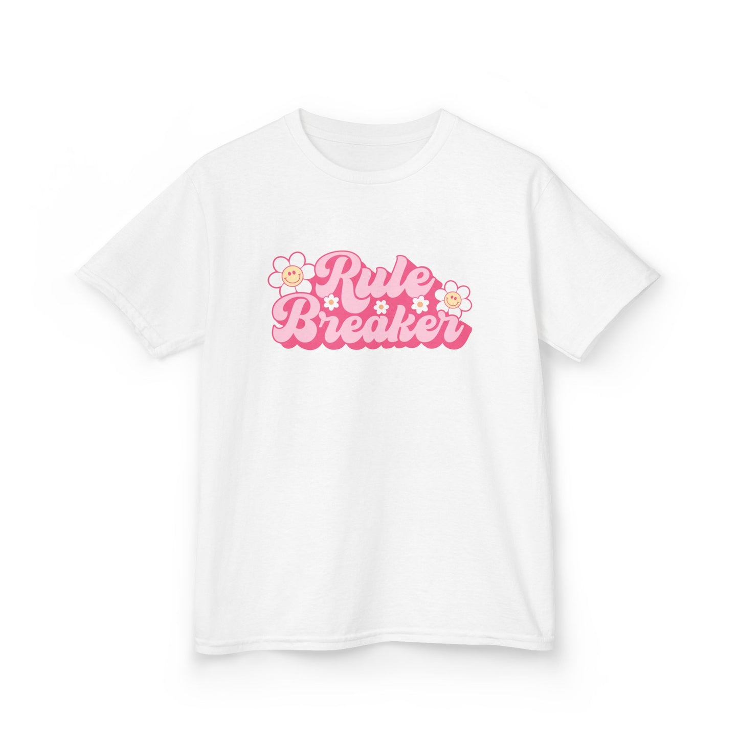 Kids Tee — "Rule Breaker" Pink Retro Flower Graphic
