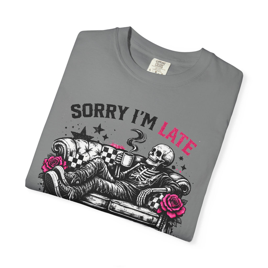 Skeleton "Sorry I’m Late" T-Shirt — Relaxed Skull Graphic Tee