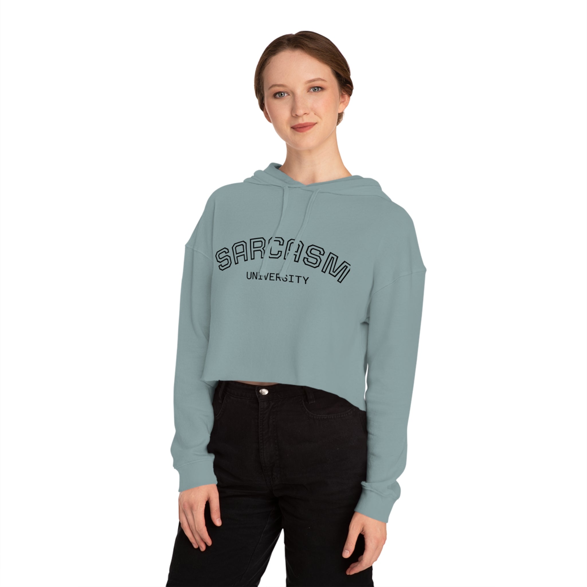 Sarcasm University Cropped Hoodie — Women's Funny Campus Sweatshirt