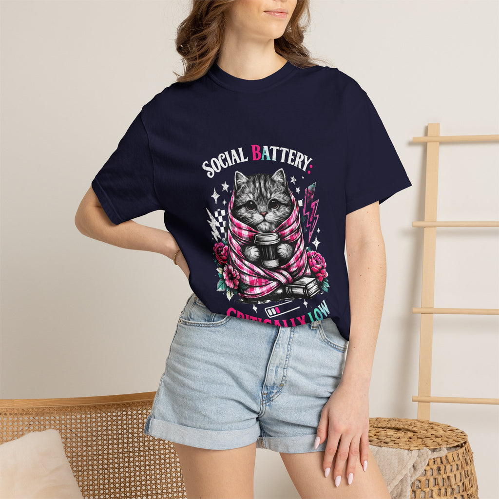 Social Battery Critically Low T-Shirt — Introvert Cat Graphic Tee