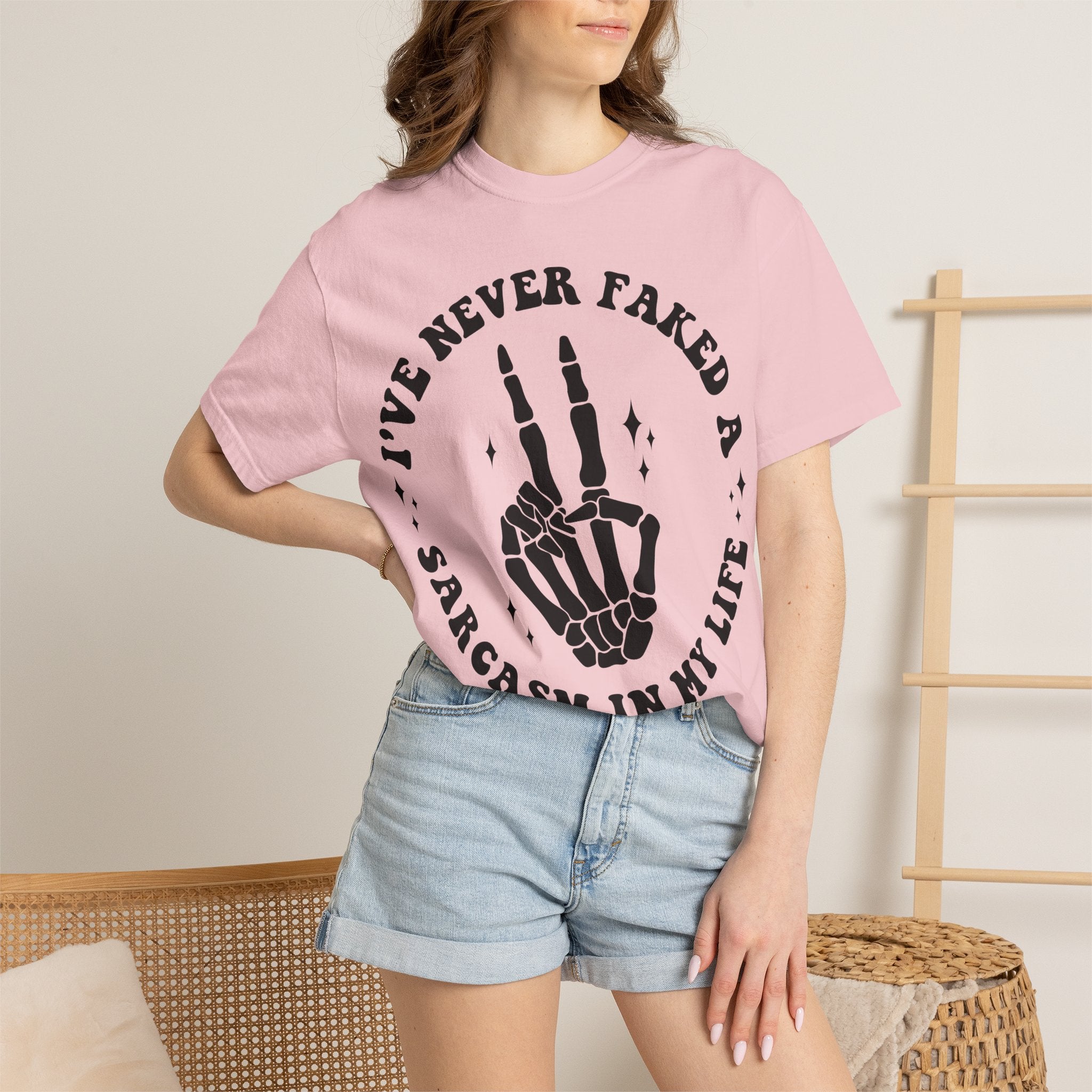 Sarcastic Skeleton Peace Sign T-Shirt — "I've Never Faked A Sarcasm In My Life" Graphic Tee